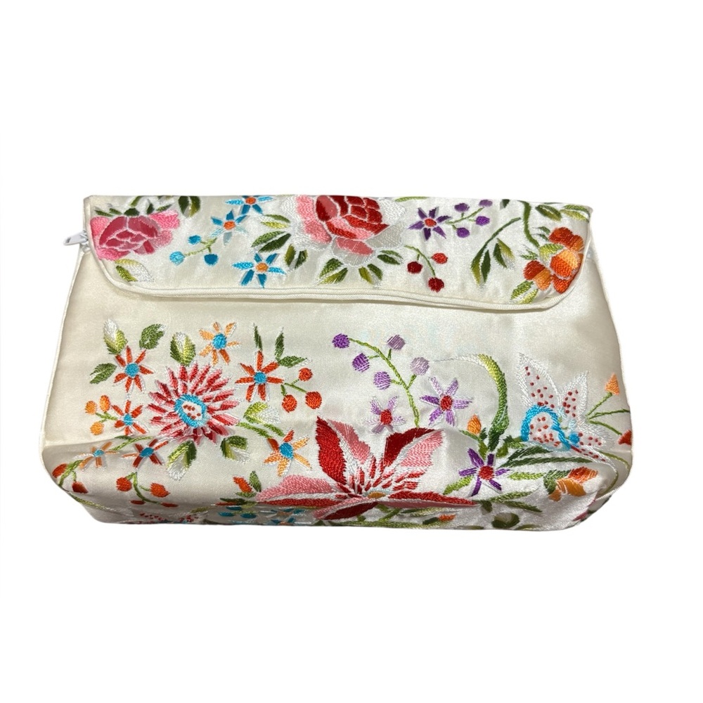 Floral Embroidered Cream Clutch/makeup bag